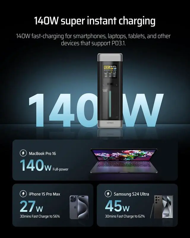 Alt view image 2 of 7 - CUKTECH 20 Power Bank, 140W 25,000mAh Portable Laptop Charger, 3-Port, Smart TFT Display, PD3.1 PPS Protocol Battery Pack for MacBook Pro/Air, Surface Pro, iPhone 15/14, Samsung S24, iPad and More