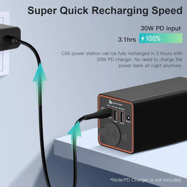 Alt view image 6 of 7 - RoyPow 30W PD Portable Charger with 12V/10A Cigarette Lighter Socket, 86.58Wh USB C Laptop Power Bank, 18W QC& 12V DC External Battery Pack, Perfect for MacBook Air iPad Phone Dash Cam or Camping