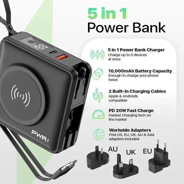 Alt view image 2 of 4 - PWR Travel PRO 5-in-1 Power Bank 10,000mAh with Built-in Cables 20W USB-C + 15W Wireless Charging Compact Portable Charger for iPhone & Android- Black