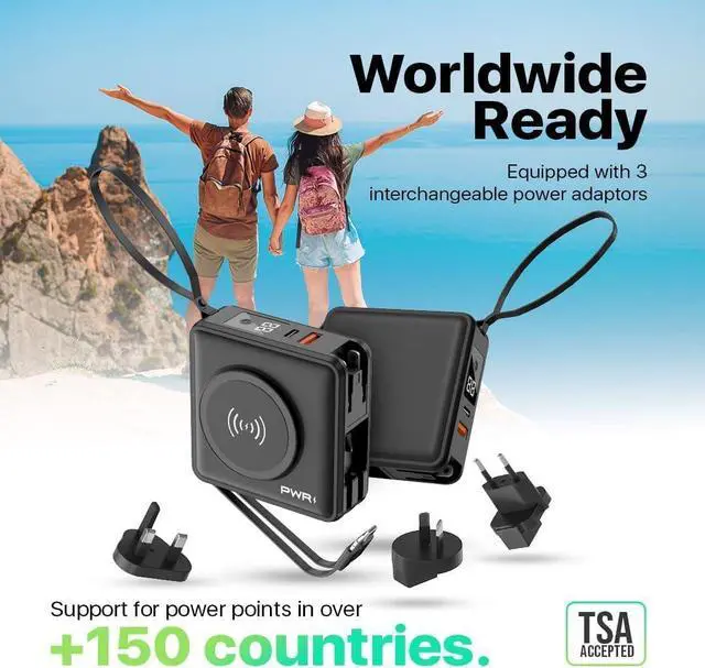 Alt view image 4 of 4 - PWR Travel PRO 5-in-1 Power Bank 10,000mAh with Built-in Cables 20W USB-C + 15W Wireless Charging Compact Portable Charger for iPhone & Android- Black