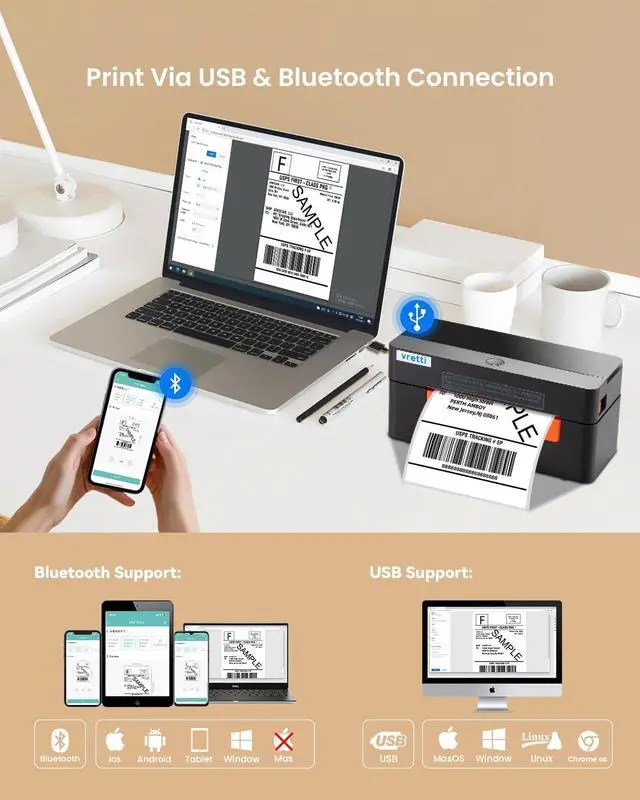 Alt view image 3 of 7 - Shipping Label Printer 4x6 - Bluetooth Thermal Label Printer Easy to Connect, Clear Printing, Thermal Printer for Small Business Shipping Packages for Amazon Ebay Shopify USPS