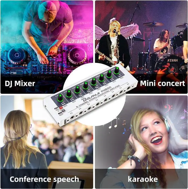 Alt view image 7 of 7 - PH800 8-Channel Headphone Amplifier 3.5mm&6.35mm Jacks, Headphone Splitter with 16 Output Port, Compact Headphone Amp with Mono and Stereo Switch, 7 Color Breathing Light