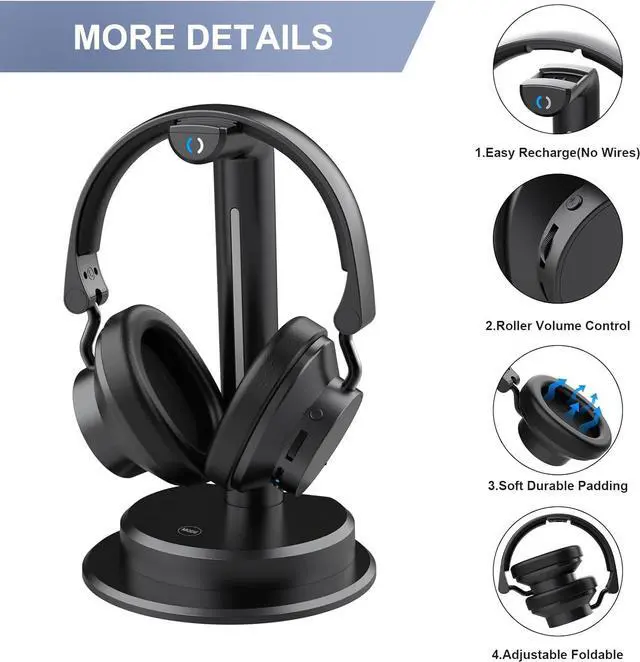 Alt view image 6 of 7 - ANSTEN Wireless Headphones for TV Watching w/Balance Control, Digital Optical RCA AUX 2.4 GHz Transmitter Charging Dock, Roller Volume Control, 5 Sound Modes, No Audio Lag, Auto Power On