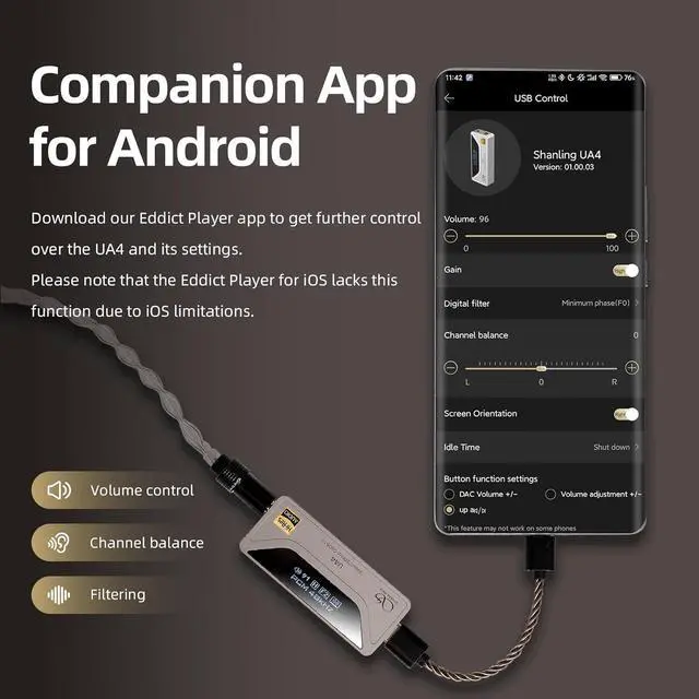 Alt view image 5 of 7 - UA4 Headphone Amplifier, Portable USB DAC AMP, Support MQA 16X, 768kHz DSD512, High Driving Power for Android/iOS/Mac/Windows, Dongle Volume Control, 3.5/4.4mm up to 237mW@32 Output (Silver)