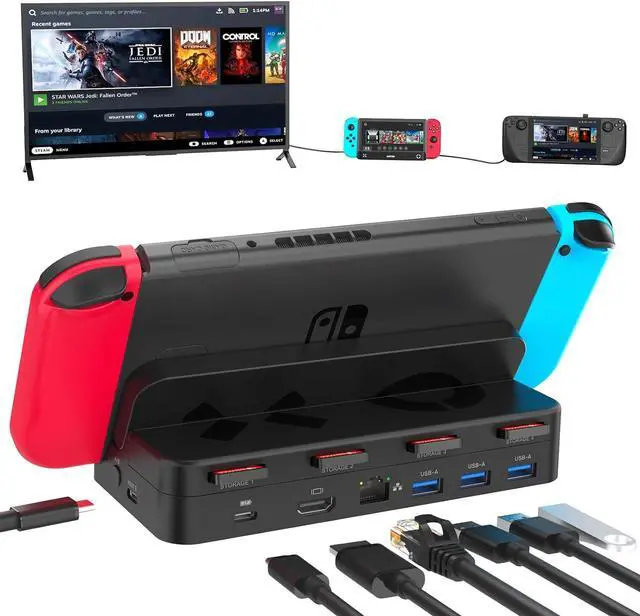 Main image of TV Dock Station for Nintendo Switch/Steam Deck 5-in-1 Docking Station Adapter One-touch Switching with 4 Game Card Storage Slot 3 USB 3.0 HDMI2.0 4K@60Hz Gigabit Ethernet PD USB-C 100W Charging