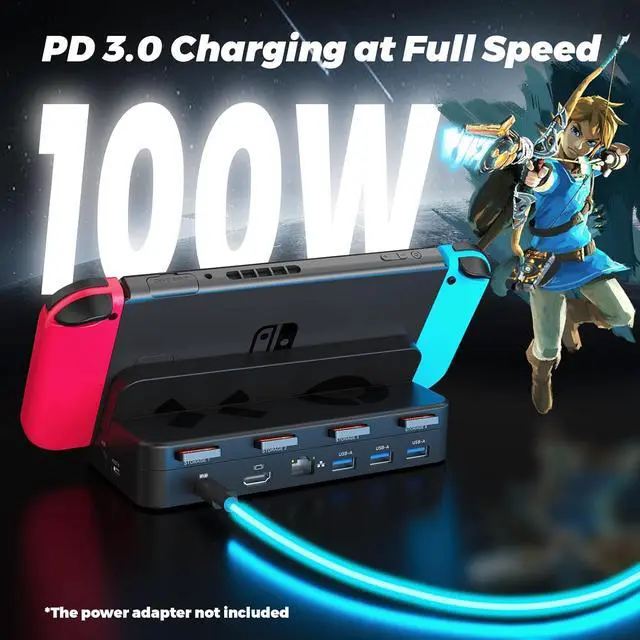 Alt view image 6 of 7 - TV Dock Station for Nintendo Switch/Steam Deck 5-in-1 Docking Station Adapter One-touch Switching with 4 Game Card Storage Slot 3 USB 3.0 HDMI2.0 4K@60Hz Gigabit Ethernet PD USB-C 100W Charging