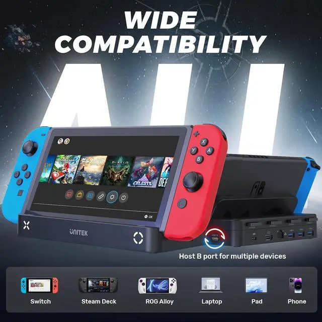 Alt view image 5 of 7 - TV Dock Station for Nintendo Switch/Steam Deck 5-in-1 Docking Station Adapter One-touch Switching with 4 Game Card Storage Slot 3 USB 3.0 HDMI2.0 4K@60Hz Gigabit Ethernet PD USB-C 100W Charging