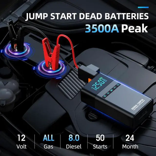 Alt view image 2 of 7 - Portable Car Jump Starter with Air Compressor, 3500A 150PSI Car Battery Jump Starter Battery Pack (All Gas/10L Diesel), 12V Car Jump Box Car Battery Jumper Starter, Large LCD Display, 2 Lights