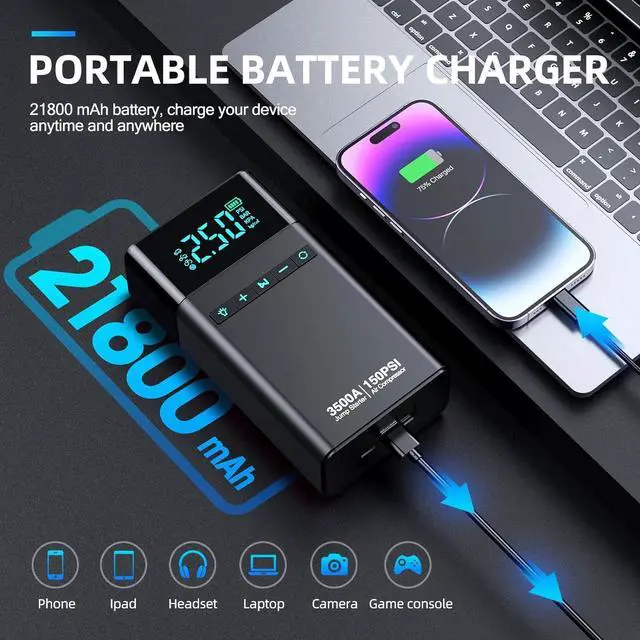 Alt view image 4 of 7 - Portable Car Jump Starter with Air Compressor, 3500A 150PSI Car Battery Jump Starter Battery Pack (All Gas/10L Diesel), 12V Car Jump Box Car Battery Jumper Starter, Large LCD Display, 2 Lights