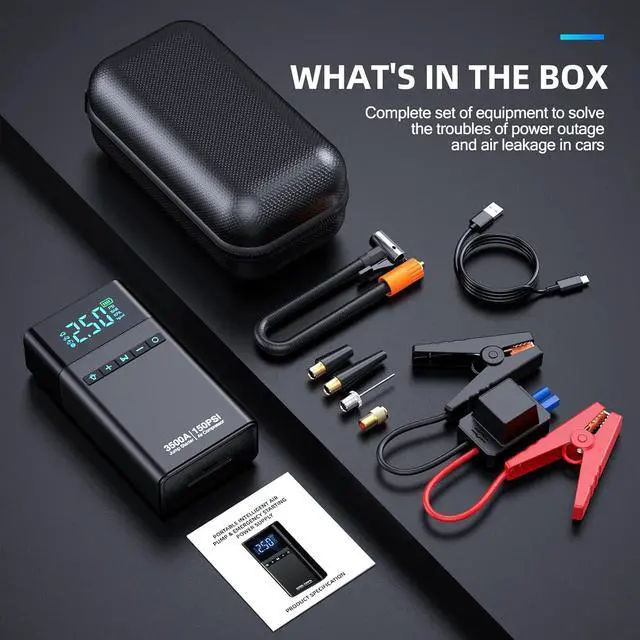 Alt view image 7 of 7 - Portable Car Jump Starter with Air Compressor, 3500A 150PSI Car Battery Jump Starter Battery Pack (All Gas/10L Diesel), 12V Car Jump Box Car Battery Jumper Starter, Large LCD Display, 2 Lights