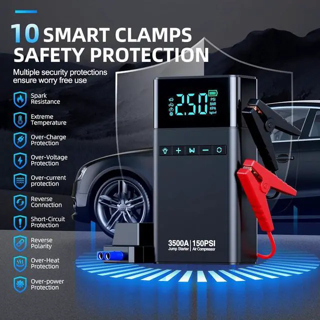 Alt view image 6 of 7 - Portable Car Jump Starter with Air Compressor, 3500A 150PSI Car Battery Jump Starter Battery Pack (All Gas/10L Diesel), 12V Car Jump Box Car Battery Jumper Starter, Large LCD Display, 2 Lights