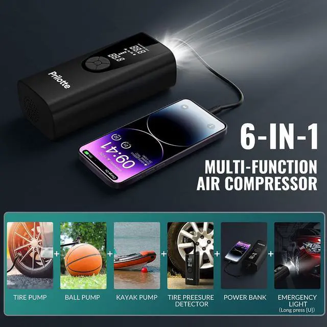 Alt view image 5 of 7 - Tire Inflator Portable Air Compressor-Upgrade 20000 mAh Air Pump for Car -150 PSI Electric Tire Inflation-Cordless Tire Pump with Pressure Gauge Emergency Light for Motor, Bike, Ball, Black.