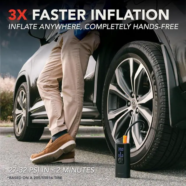 Alt view image 3 of 7 - 4-in-1 Tire Inflator Portable Air Compressor w/Quick Inflate Technology, Tire Pressure Gauge, Dual Screen, 150 PSI Cordless Air Pump for Cars, Bikes, Balls, Inflatable & Tire Repair Kit, Case