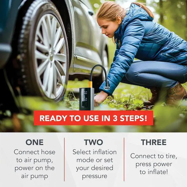 Alt view image 7 of 7 - 4-in-1 Tire Inflator Portable Air Compressor w/Quick Inflate Technology, Tire Pressure Gauge, Dual Screen, 150 PSI Cordless Air Pump for Cars, Bikes, Balls, Inflatable & Tire Repair Kit, Case