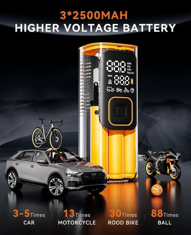 Alt view image 3 of 7 - Tire Inflator Portable Air Compressor, 160PSI Cordless Air Pump for Car Tires, Auto-Shutoff Tire Pump with Accurate Pressure LCD Display, 3X Fast Inflation for Car, Motorcycle, Bike, Ball