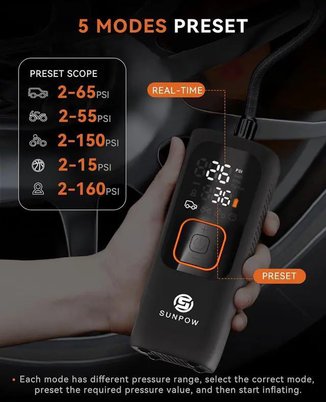 Alt view image 4 of 7 - Tire Inflator Portable Air Compressor, 160PSI Cordless Air Pump for Car Tires, Auto-Shutoff Tire Pump with Accurate Pressure LCD Display, 3X Fast Inflation for Car, Motorcycle, Bike, Ball