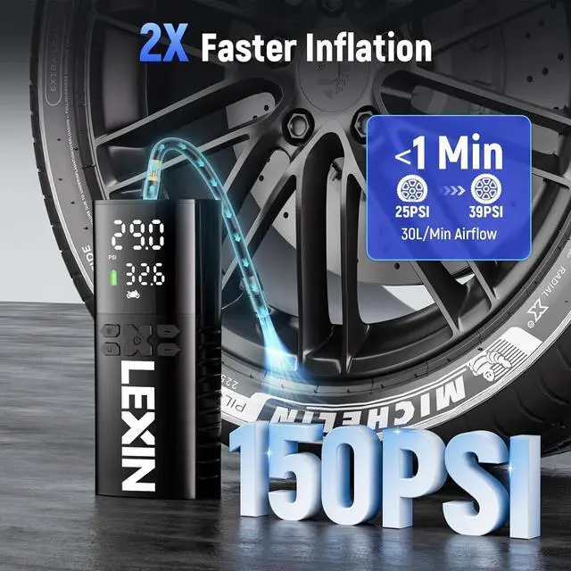 Alt view image 2 of 7 - P4 Tire Inflator Portable Air Compressor, 150PSI Electric Air Pump for Car Tires, w/Pressure Gauge&LED Light, 4000mAh Cordless Smart Pump for Car/Motorcycle/Bike/Bicycle/Scooter/Ball/Inflatable