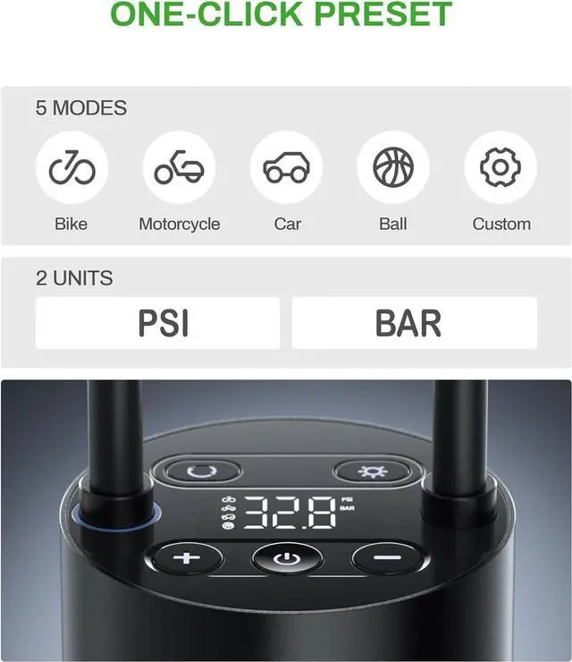 Alt view image 6 of 7 - Tire Inflator Portable Air Compressor, AT004 Smart Air Pump for Car Tires, Auto Tire Inflator 150PSI with Pressure Gauge & LED Screen, 2X Faster Air Compressor for Car, Motorcycle, Bike, Ball