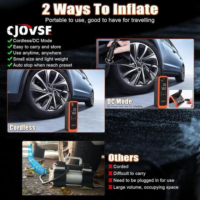 Alt view image 3 of 7 - Portable Cordless Tire Inflator, 160PSI Air Pump with Battery & Car Plug, Fast Inflate with LED Light for Car Bike Motorcycle Ball  Compact & Emergency Ready
