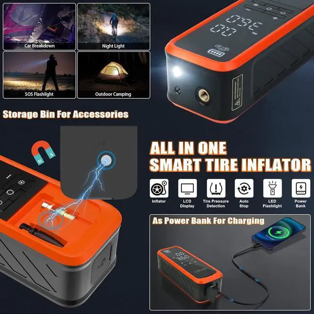 Alt view image 5 of 7 - Portable Cordless Tire Inflator, 160PSI Air Pump with Battery & Car Plug, Fast Inflate with LED Light for Car Bike Motorcycle Ball  Compact & Emergency Ready
