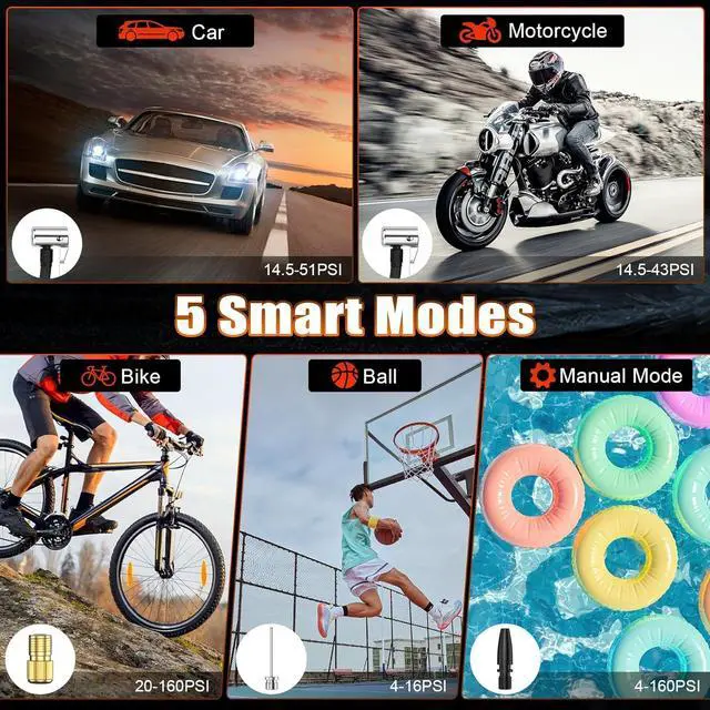 Alt view image 6 of 7 - Portable Cordless Tire Inflator, 160PSI Air Pump with Battery & Car Plug, Fast Inflate with LED Light for Car Bike Motorcycle Ball  Compact & Emergency Ready