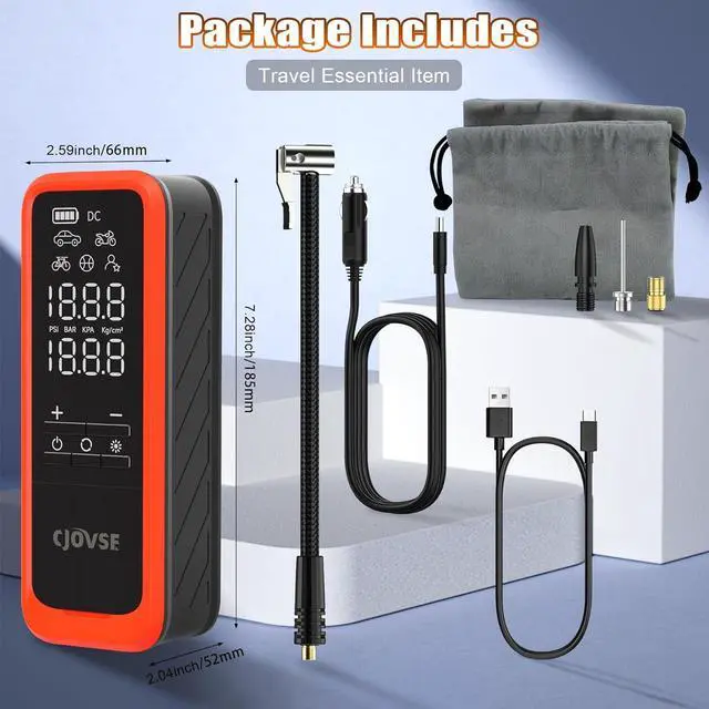 Alt view image 7 of 7 - Portable Cordless Tire Inflator, 160PSI Air Pump with Battery & Car Plug, Fast Inflate with LED Light for Car Bike Motorcycle Ball  Compact & Emergency Ready