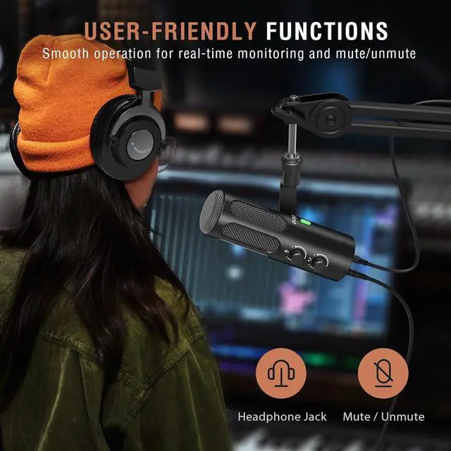 Alt view image 4 of 7 - XLR Dynamic Microphone for Podcast Streaming, USB/XLR Studio Microphone, PC Streamer Mic All Metal with Mute Button, Headphone Jack, for Vocal Voice Over Music Recording-AmpliTank Tank3