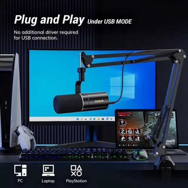 Alt view image 4 of 7 - Dynamic Microphone, USB/XLR PC Microfono with Boom Arm Stand for Podcast, Recording, Live Streaming & Gaming, XLR Cardioid Studio Mic for Music & Voice-Over with 3.5mm Headphones Jack, TD510+