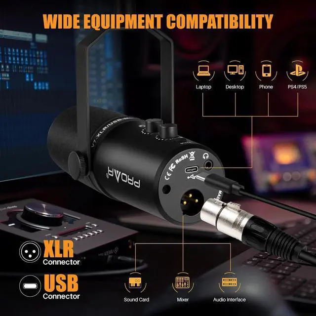 Alt view image 4 of 7 - XLR/USB Dynamic Microphone,PC Computer Microphone for Podcasting,Vocal Recording,Live Streaming,Gaming,Voice-Over,All Metal Professional Studio Mic Kit with Noise Cancelling,USB-C Port