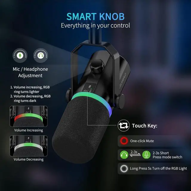 Alt view image 6 of 7 - FEELWORLD PM1 XLR USB Dynamic Microphone Gifts for Podcast Recording PC Computer Gaming Live Streaming Vocal Voice-Over, Studio Metal Mic with Voice-Isolating, RGB Light, Mute Button, Headphones Jack