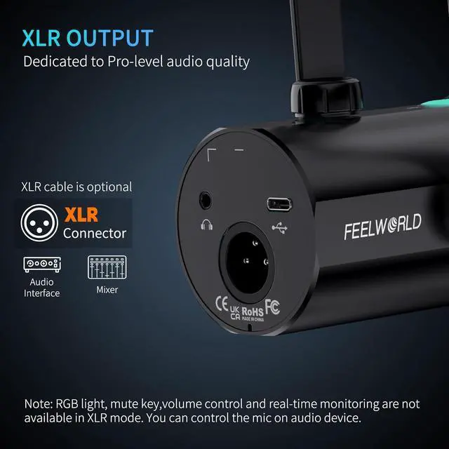 Alt view image 3 of 7 - FEELWORLD PM1 XLR USB Dynamic Microphone for Podcast Recording PC Computer Gaming Live Streaming Vocal Voice-Over, Studio Metal Mic with Voice-Isolating, RGB Light, Mute Button, Headphones Jack