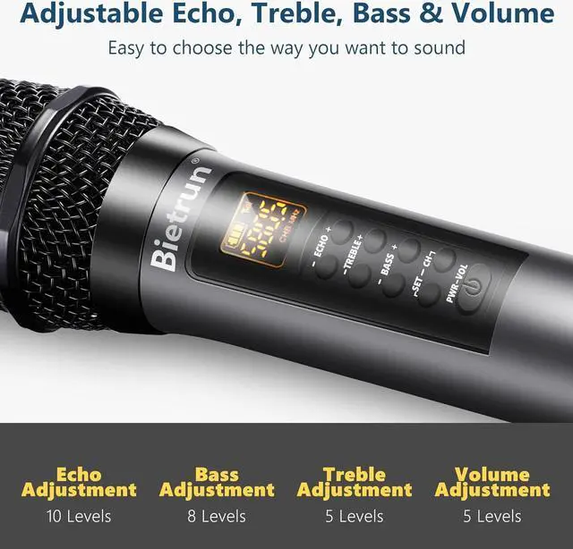 Alt view image 3 of 7 - Bietrun Wireless Microphone with Echo/Treble/Bass, UHF 160ft Range, Dual UHF Cordless Dynamic Mic Handheld Microphone System for Home , Meeting, Party, Wedding(Receiver with Bluetooth)