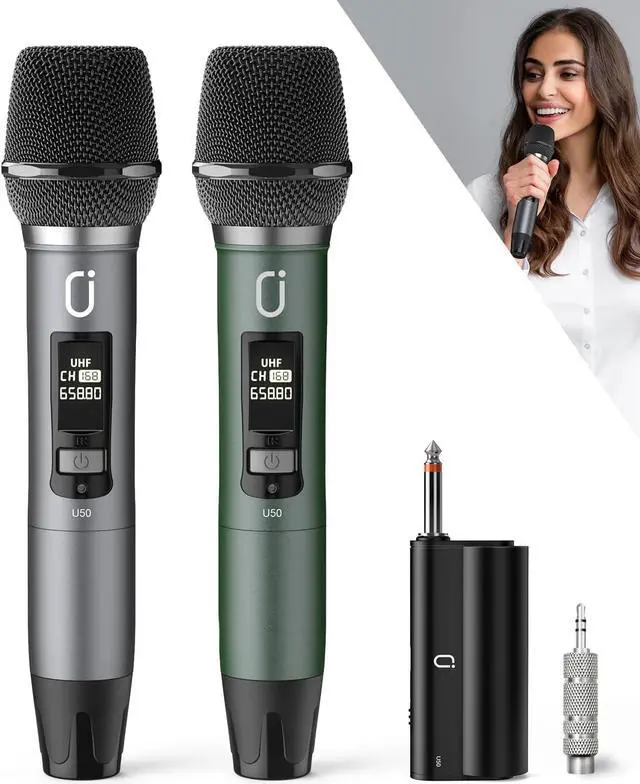 Main image of Wireless Microphones, Professional UHF Dual Microphones for Karaoke, Wireless Dynamic Microphone System Set with Rechargeable Receiver,Plug and Play, Speech, Wedding, Church, PA System