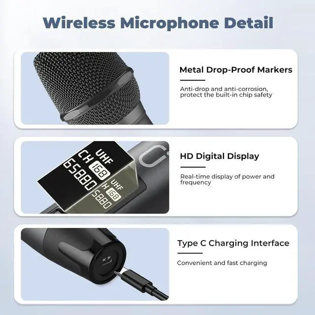 Alt view image 4 of 7 - Wireless Microphones, Professional UHF Dual Microphones for Karaoke, Wireless Dynamic Microphone System Set with Rechargeable Receiver,Plug and Play, Speech, Wedding, Church, PA System