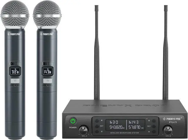 Main image of Wireless Microphone System, Dual Wireless Mics,w/ 2 Handhelds, Auto Scan,2x100 UHF Frequencies,328ft Range,Dynamic Microphone for Singing, Karaoke, Church(PTU-71-2H)