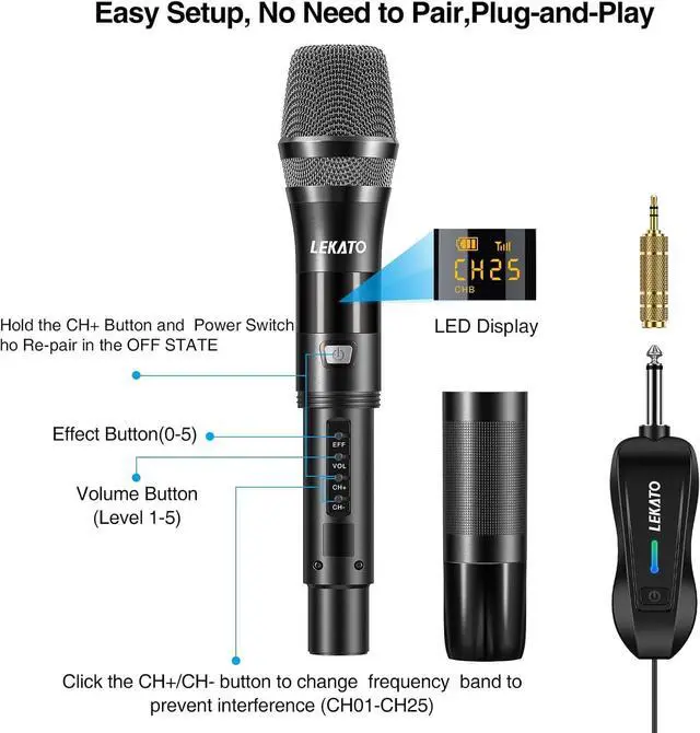 Alt view image 6 of 7 - LEKATO Wireless Microphone, UHF Professional Microphones Rechargeable Metal Dual Wireless Microphone Dynamic Microphone System Set with Rechargeable Receiver for  Singing, Speech, Wedding