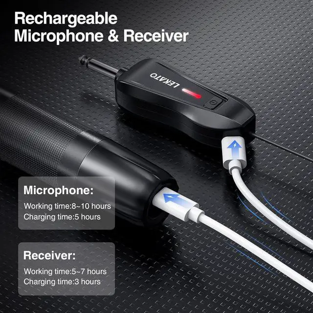 Alt view image 5 of 7 - LEKATO Wireless Microphone, UHF Professional Microphones Rechargeable Metal Dual Wireless Microphone Dynamic Microphone System Set with Rechargeable Receiver for  Singing, Speech, Wedding