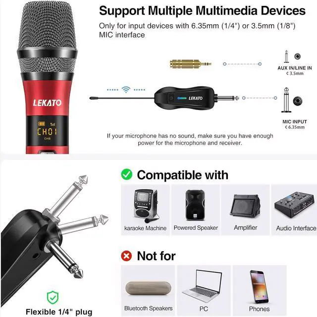 Alt view image 7 of 7 - LEKATO Wireless Microphone, UHF Professional Microphones Rechargeable Metal Dual Wireless Microphone Dynamic Microphone System Set with Rechargeable Receiver for  Singing, Speech, Wedding