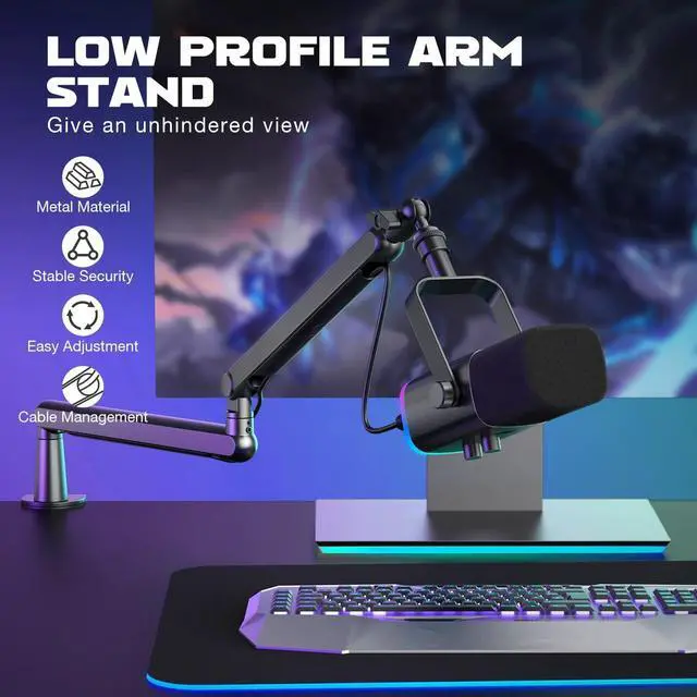 Alt view image 2 of 7 - Microphone Boom Arm Low Profile Adjustable Stick Microphone Arm Stand with Desk Mount Clamp Screw Adapter Cable Management for Podcast Streaming Gaming Studio-BM88