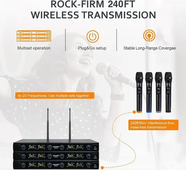 Alt view image 2 of 7 - UHF Wireless Microphone System, Quad-Channel Wireless Mic Set w/ 4 Handheld Mics, 260 ft, 4X 25 Frequencies, Dynamic Microphones for Singing, Home Karaoke, DJ, Church, Wedding (MWM-40F)