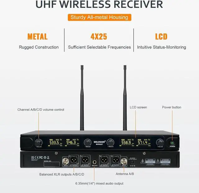 Alt view image 3 of 7 - UHF Wireless Microphone System, Quad-Channel Wireless Mic Set w/ 4 Handheld Mics, 260 ft, 4X 25 Frequencies, Dynamic Microphones for Singing, Home Karaoke, DJ, Church, Wedding (MWM-40F)