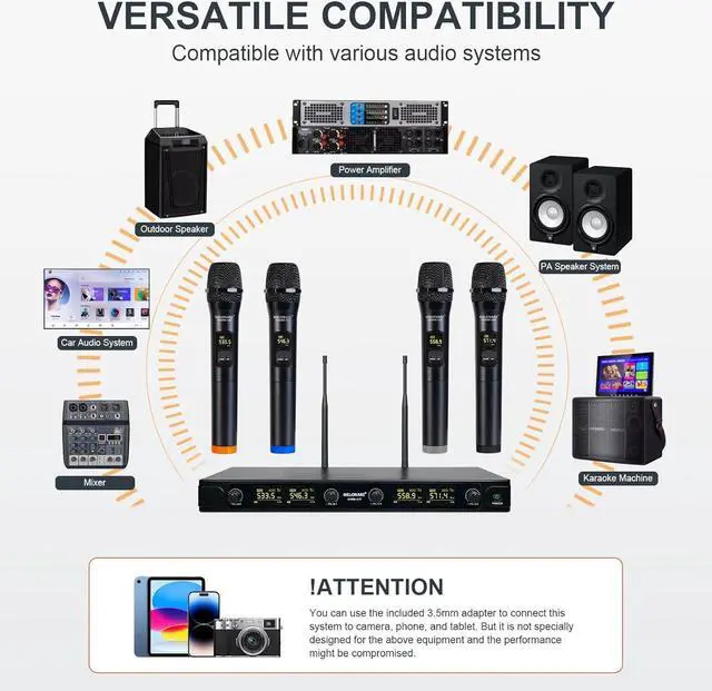 Alt view image 7 of 7 - UHF Wireless Microphone System, Quad-Channel Wireless Mic Set w/ 4 Handheld Mics, 260 ft, 4X 25 Frequencies, Dynamic Microphones for Singing, Home Karaoke, DJ, Church, Wedding (MWM-40F)