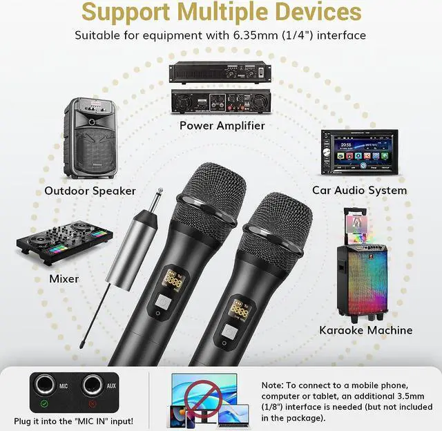 Alt view image 4 of 7 - Wireless Microphone, UHF Metal Cordless Mic with Rechargeable Receiver, 6.35mm(1/4") Output, 3.5mm (1/8") Adapter 200ft Range Microfonos Inalambricos for Karaoke Singing Party Wedding Church