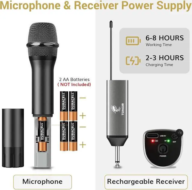 Alt view image 5 of 7 - Wireless Microphone, UHF Metal Cordless Mic with Rechargeable Receiver, 6.35mm(1/4") Output, 3.5mm (1/8") Adapter 200ft Range Microfonos Inalambricos for Karaoke Singing Party Wedding Church