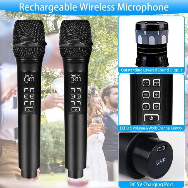 Alt view image 2 of 6 - K28 Rechargeable Wireless Microphone Karaoke Cordless Microphone with Volume & Echo Control and Receiver, UHF Handheld Dynamic Microphone for Singing Karaoke Speech, Black