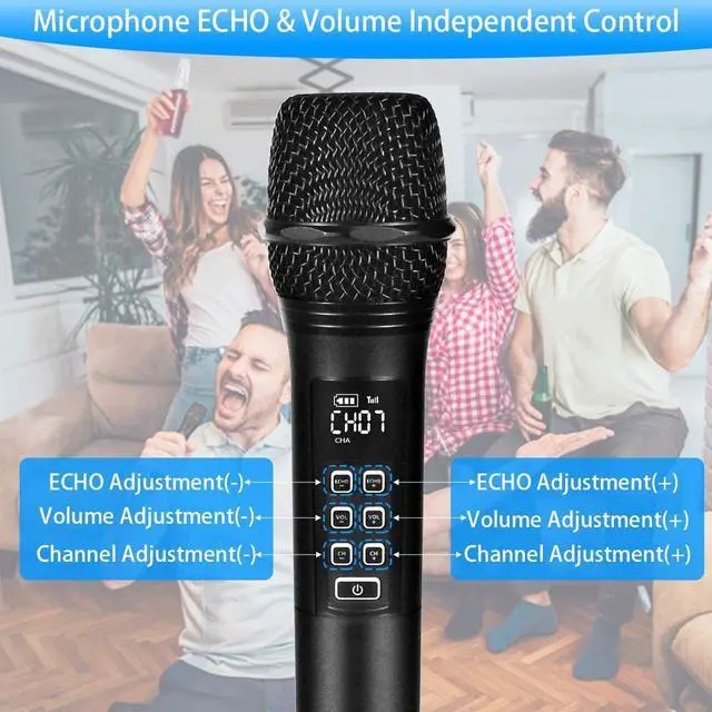 Alt view image 3 of 6 - K28 Rechargeable Wireless Microphone Karaoke Cordless Microphone with Volume & Echo Control and Receiver, UHF Handheld Dynamic Microphone for Singing Karaoke Speech, Black