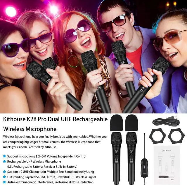 Alt view image 6 of 6 - K28 Rechargeable Wireless Microphone Karaoke Cordless Microphone with Volume & Echo Control and Receiver, UHF Handheld Dynamic Microphone for Singing Karaoke Speech, Black