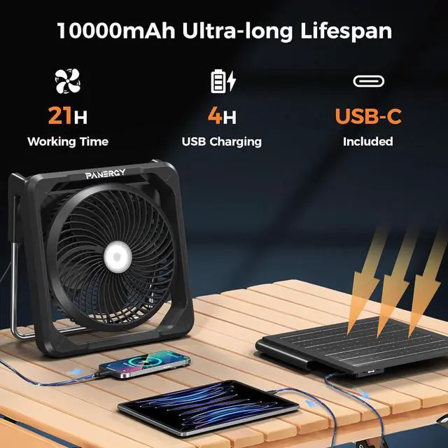 Alt view image 3 of 7 - Solar Fan with Lantern for Camping, Rechargeable Battery Powered Fan(21H cooling/67H lighting), Detachable Solar Panel, 3-Speed, 60°Pivot Cordless & Portable for Outdoor Travel RV Power Outage