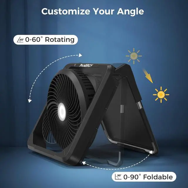 Alt view image 5 of 7 - Solar Fan with Lantern for Camping, Rechargeable Battery Powered Fan(21H cooling/67H lighting), Detachable Solar Panel, 3-Speed, 60°Pivot Cordless & Portable for Outdoor Travel RV Power Outage