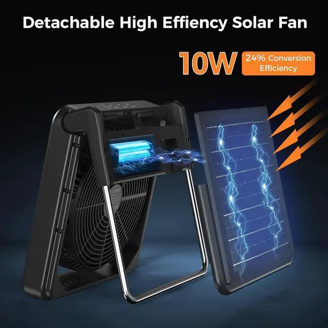 Alt view image 2 of 7 - Solar Fan with Lantern for Camping, Rechargeable Battery Powered Fan(21H cooling/67H lighting), Detachable Solar Panel, 3-Speed, 60°Pivot Cordless & Portable for Outdoor Travel RV Power Outage